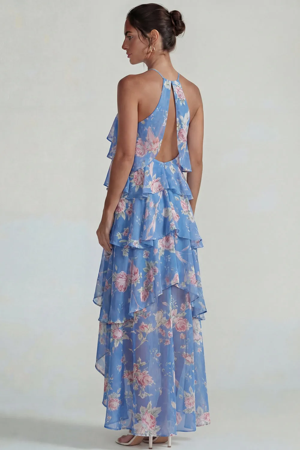 Blue Pink Printed Flower Halter Tiered Chiffon A Line Midi Dress with Ruffles sold by Zapaka product image thumbnail 2