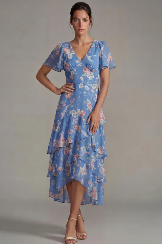 Blue V Neck Pink Floral Chiffon Ruffled A Line Midi Dress with Short Sleeves sold by Zapaka