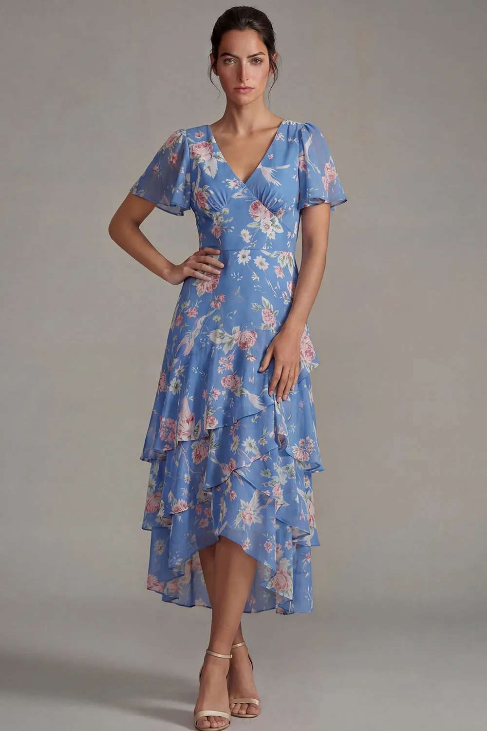 Blue V Neck Pink Floral Chiffon Ruffled A Line Midi Dress with Short Sleeves sold by Zapaka