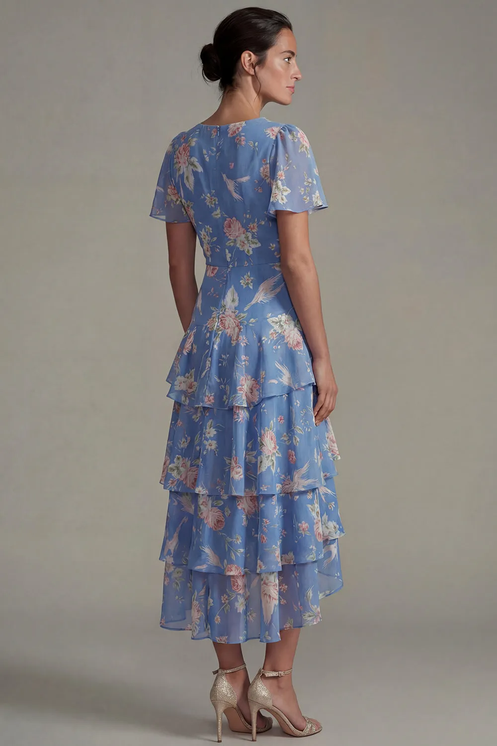 Blue V Neck Pink Floral Chiffon Ruffled A Line Midi Dress with Short Sleeves sold by Zapaka product image thumbnail 2