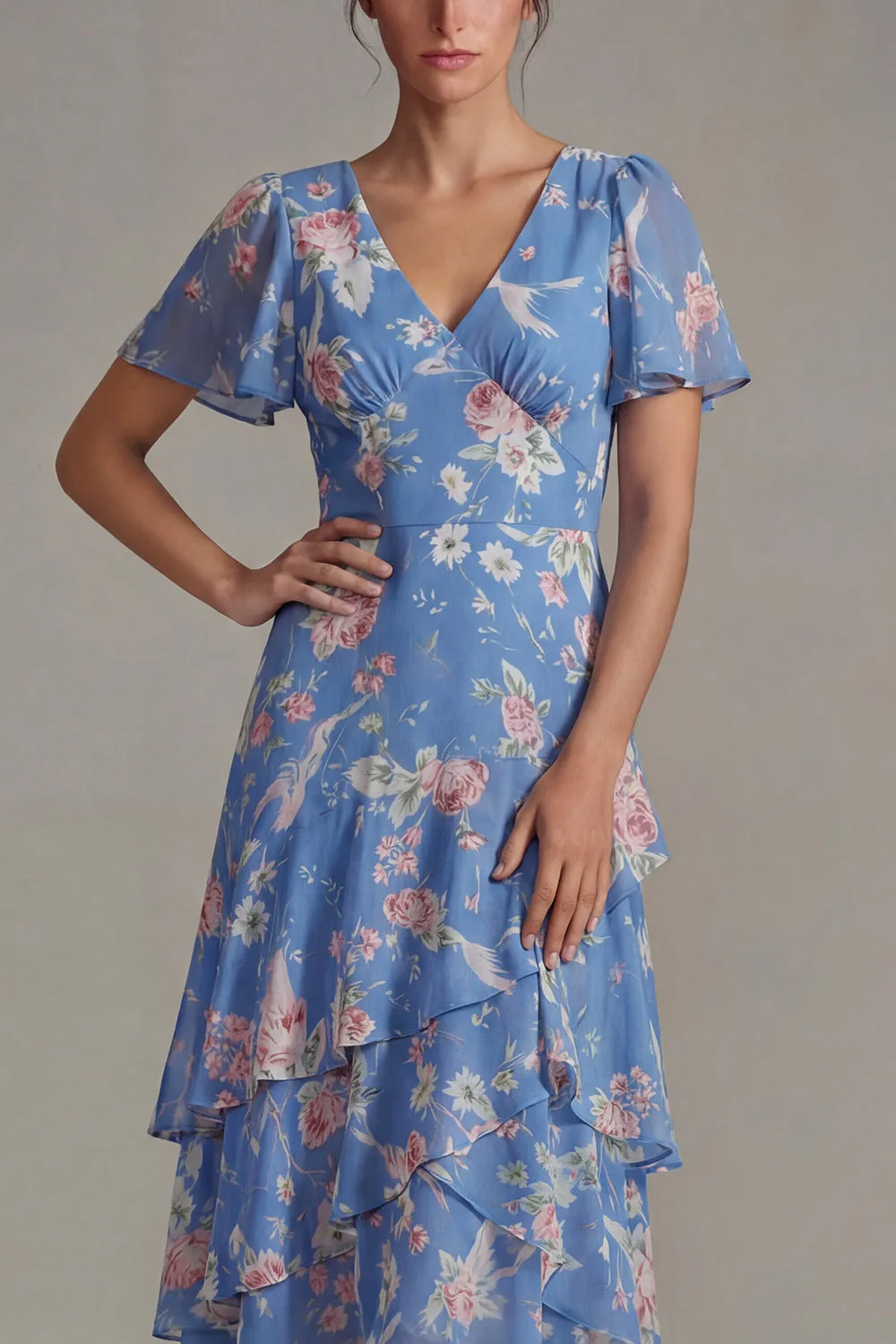 Blue V Neck Pink Floral Chiffon Ruffled A Line Midi Dress with Short Sleeves sold by Zapaka product image thumbnail 3