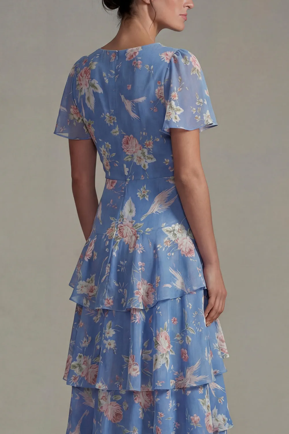 Blue V Neck Pink Floral Chiffon Ruffled A Line Midi Dress with Short Sleeves sold by Zapaka product image thumbnail 4
