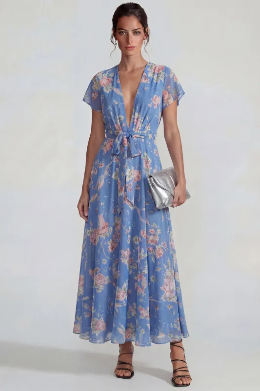 Blue Deep V Neck Pink Floral A Line Chiffon Dress with Bowknot made by Zapaka