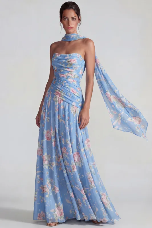 Blue Chiffon Floral Strapless Ruched A Line Long Formal Dress with Ribbons made by Zapaka