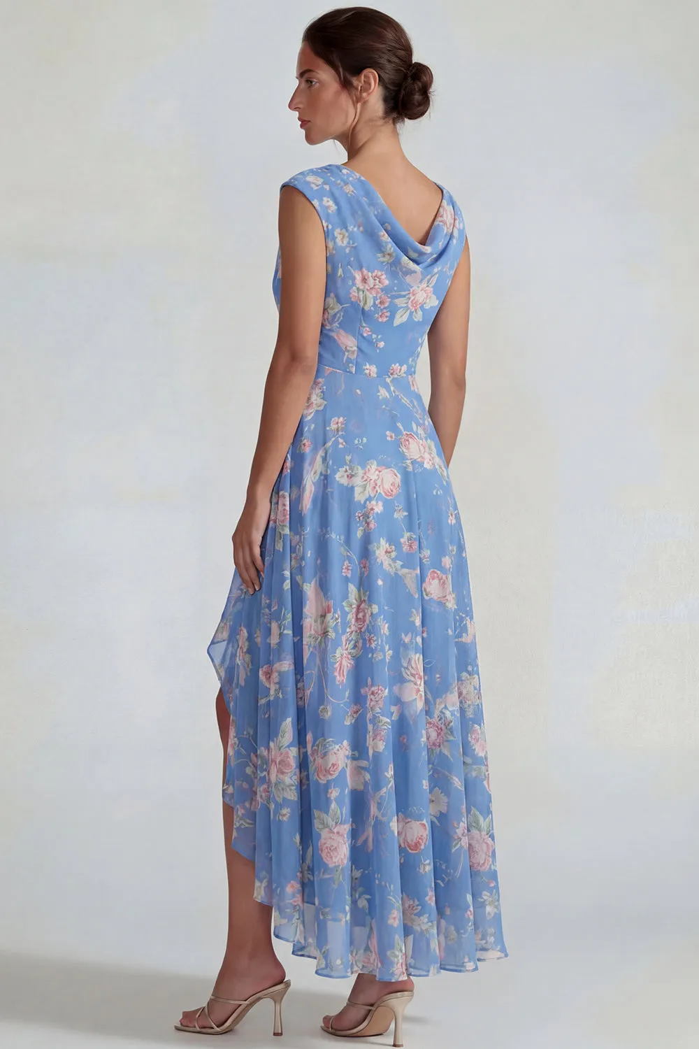 Blue Pink Floral Chiffon Ruffled A Line Midi Dress with Slit sold by Zapaka product image thumbnail 2