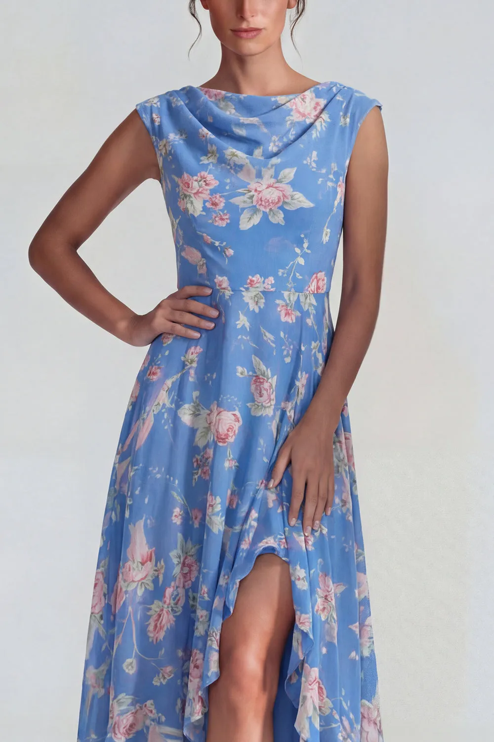 Blue Pink Floral Chiffon Ruffled A Line Midi Dress with Slit sold by Zapaka product image thumbnail 3