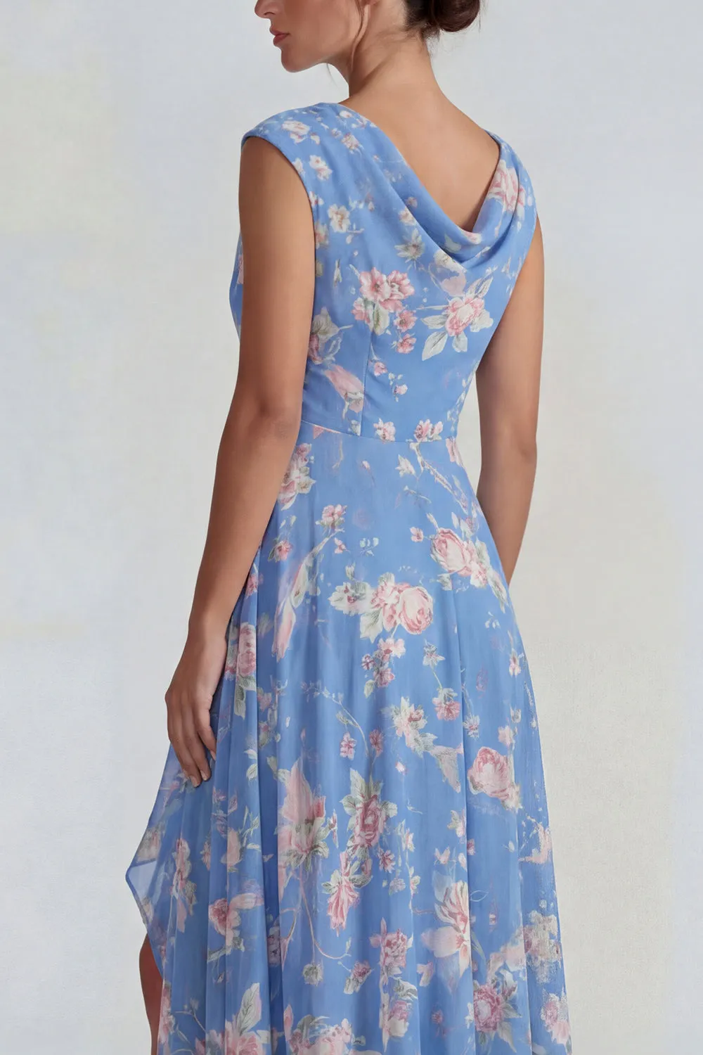 Blue Pink Floral Chiffon Ruffled A Line Midi Dress with Slit sold by Zapaka product image thumbnail 4