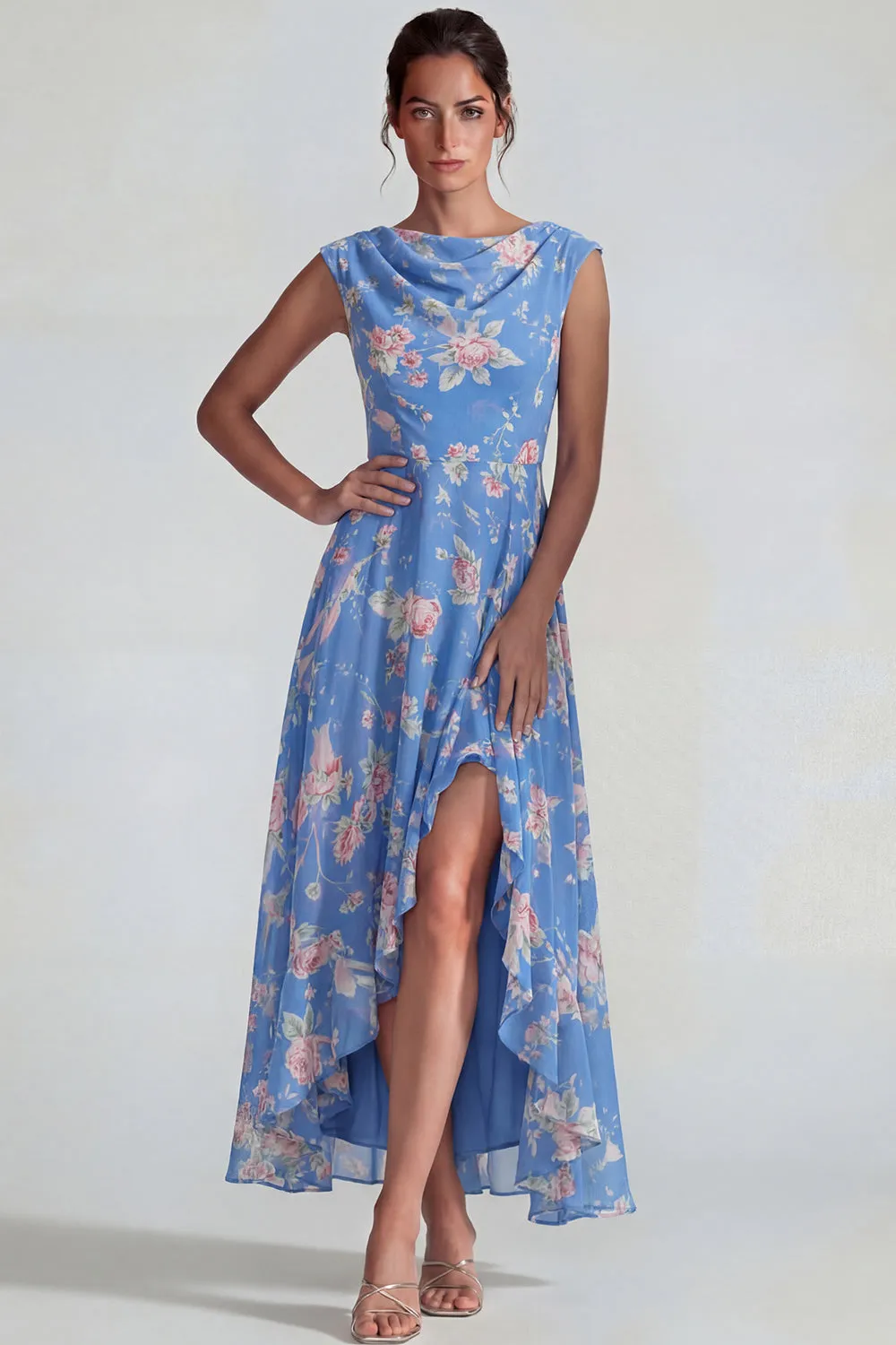 Blue Pink Floral Chiffon Ruffled A Line Midi Dress with Slit sold by Zapaka