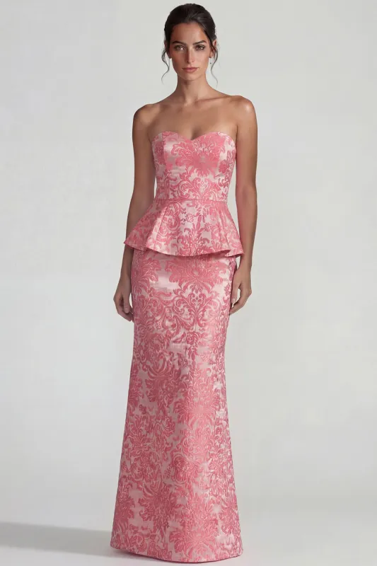 Blush Jacquard Strapless Rufffled Sheath Long Formal Dress made by Zapaka