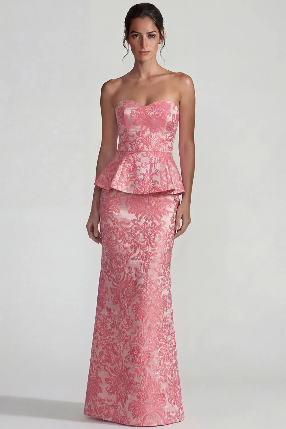 Blush Jacquard Strapless Rufffled Sheath Long Formal Dress sold by Zapaka