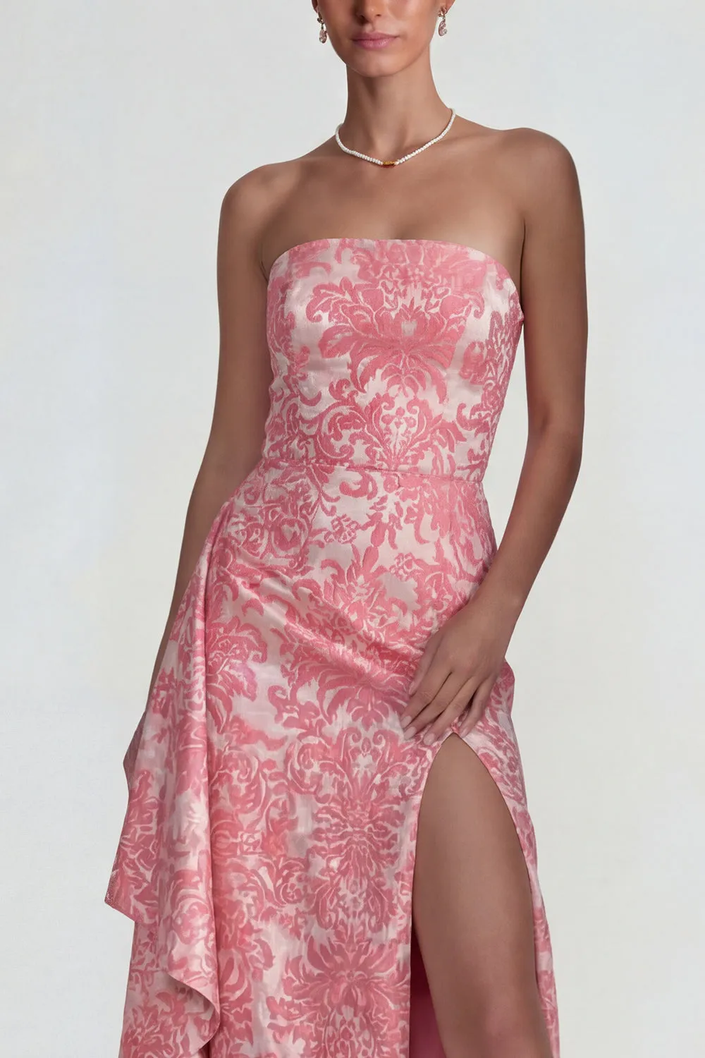 Blush Jacquard Ruffled Strapless Sheath Long Formal Dress with Slit sold by Zapaka product image thumbnail 3