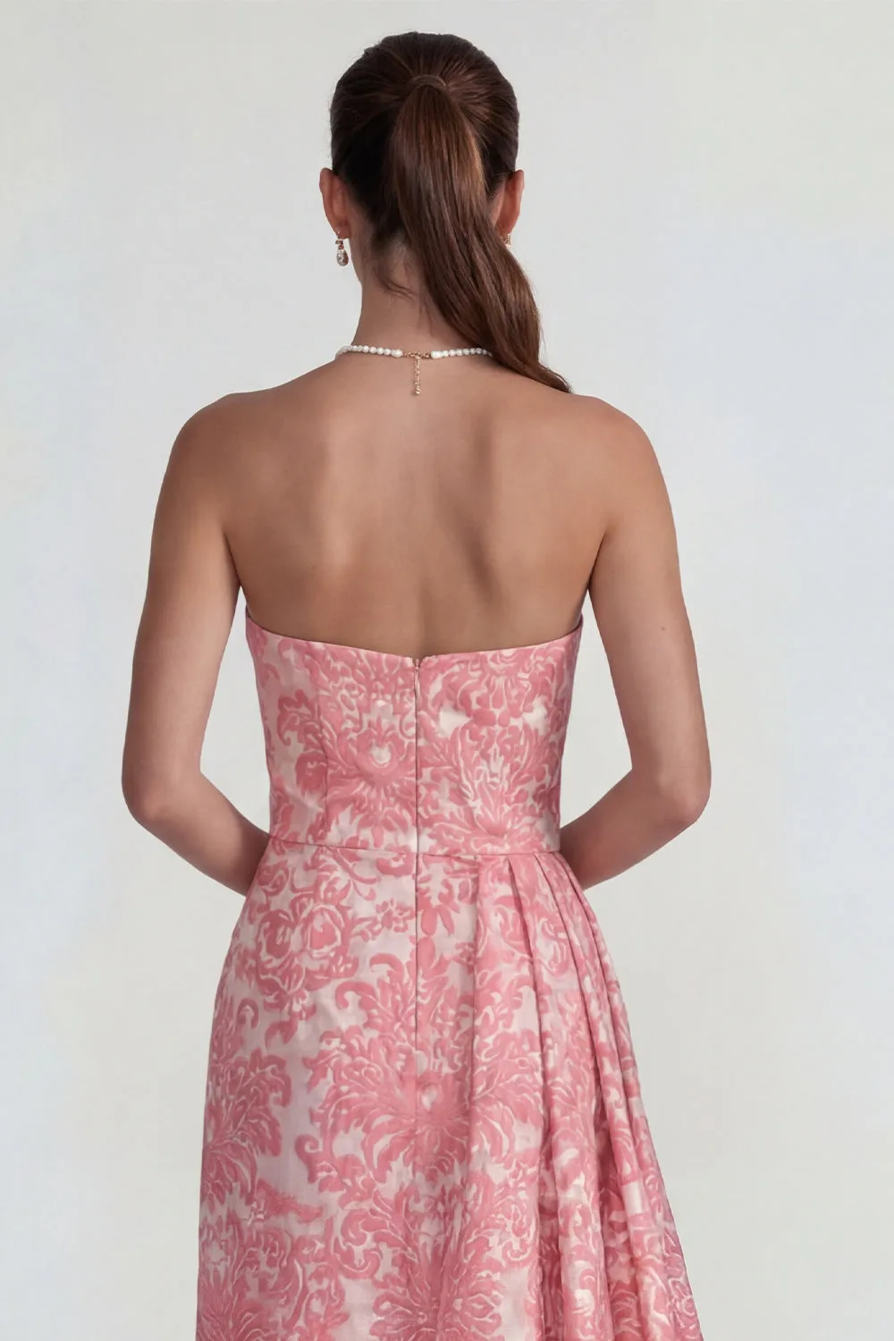 Blush Jacquard Ruffled Strapless Sheath Long Formal Dress with Slit sold by Zapaka product image thumbnail 4
