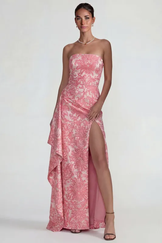 Blush Jacquard Ruffled Strapless Sheath Long Formal Dress with Slit sold by Zapaka