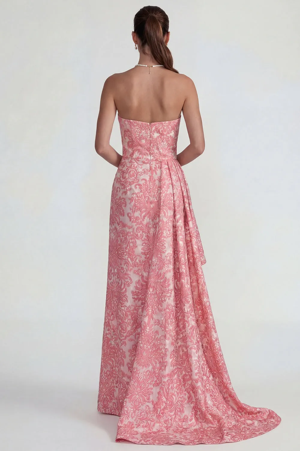 Blush Jacquard Ruffled Strapless Sheath Long Formal Dress with Slit sold by Zapaka product image thumbnail 2