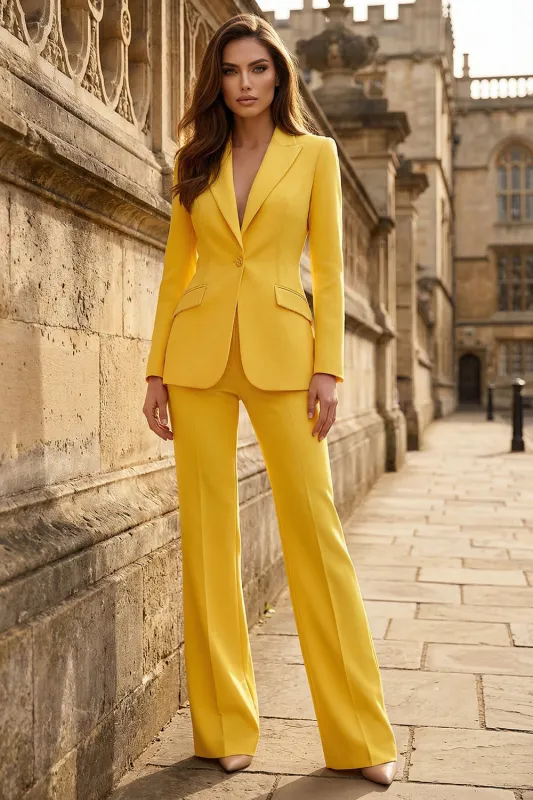 2 Piece Yellow Peak Lapel Single Breasted Women's Work Suits made by Zapaka