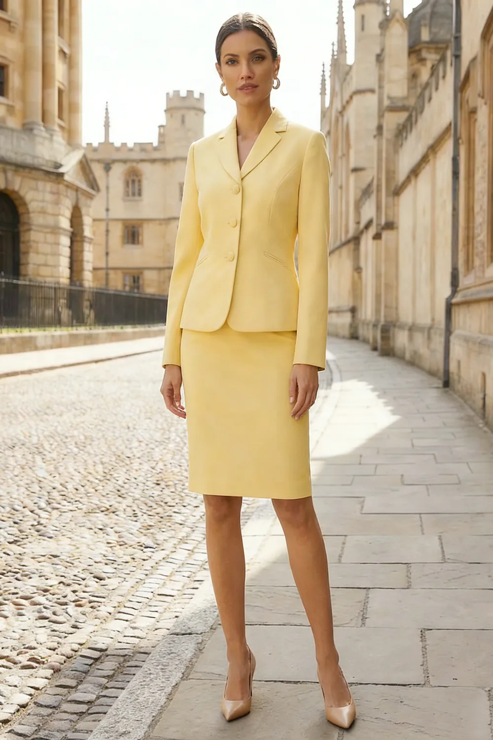 Light Yellow Notched Lapel 2 Piece Single Breasted Work Dress sold by Zapaka