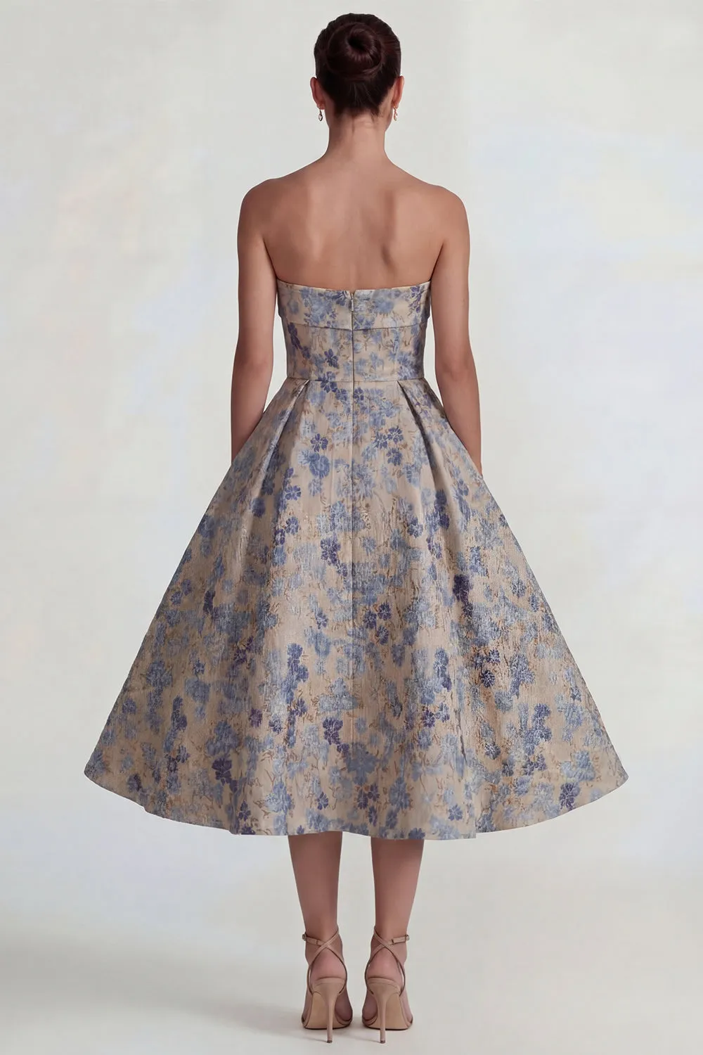 Grey Blue Jacquard Strapless A Line Midi Dress with Back Zipper sold by Zapaka product image thumbnail 2