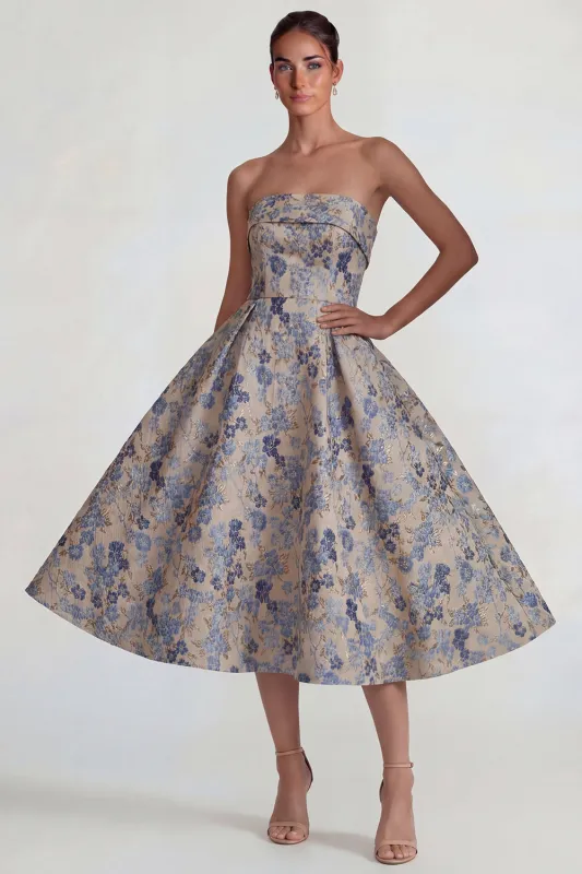 Grey Blue Jacquard Strapless A Line Midi Dress with Back Zipper made by Zapaka