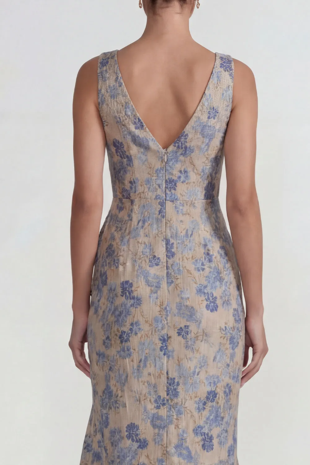 Grey Blue Jacquard Ruffled V Neck Mermaid Long Formal Dress with Slit sold by Zapaka product image thumbnail 4