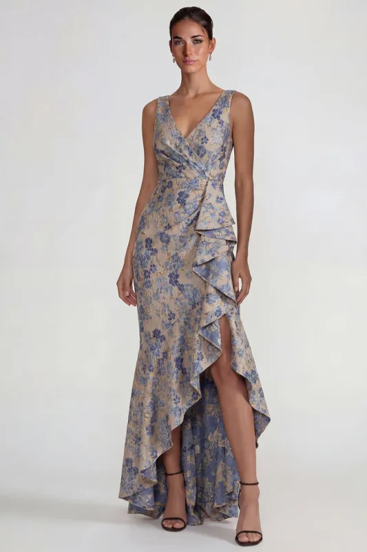 Grey Blue Jacquard Ruffled V Neck Mermaid Long Formal Dress with Slit made by Zapaka