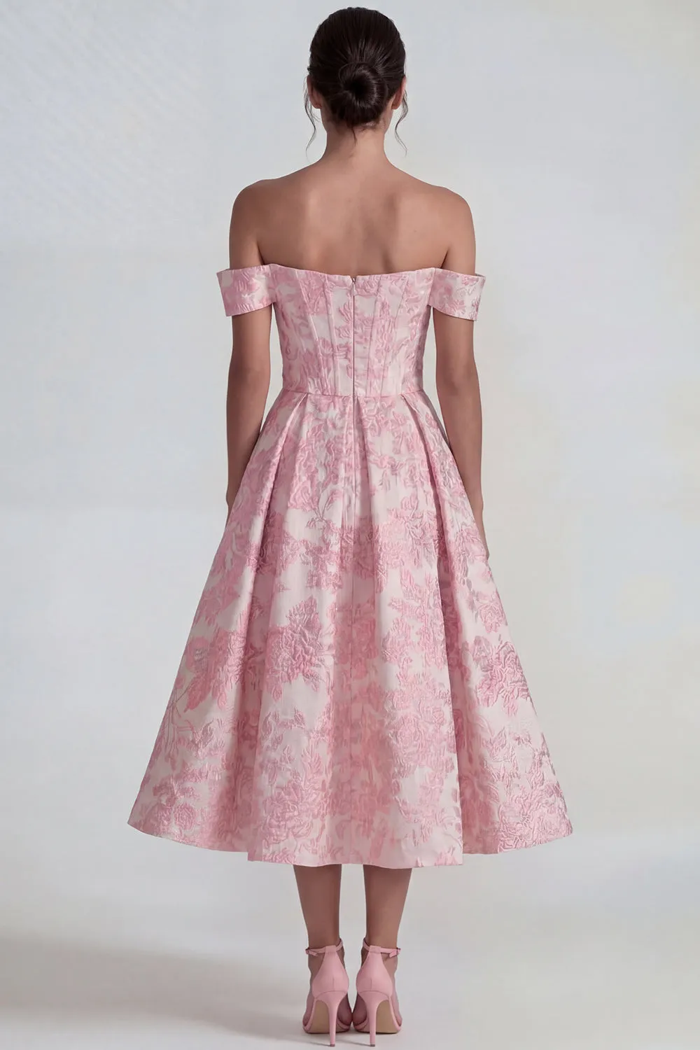 Pink Jacquard Off the Shoulder Corset A Line Midi Dress sold by Zapaka product image thumbnail 2