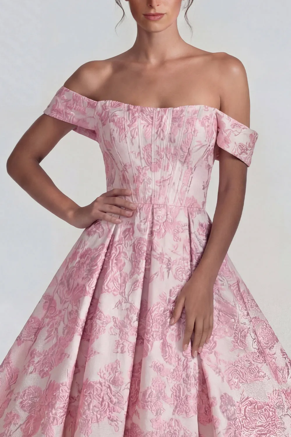 Pink Jacquard Off the Shoulder Corset A Line Midi Dress sold by Zapaka product image thumbnail 3