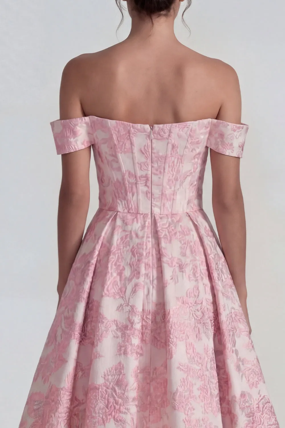 Pink Jacquard Off the Shoulder Corset A Line Midi Dress sold by Zapaka product image thumbnail 4