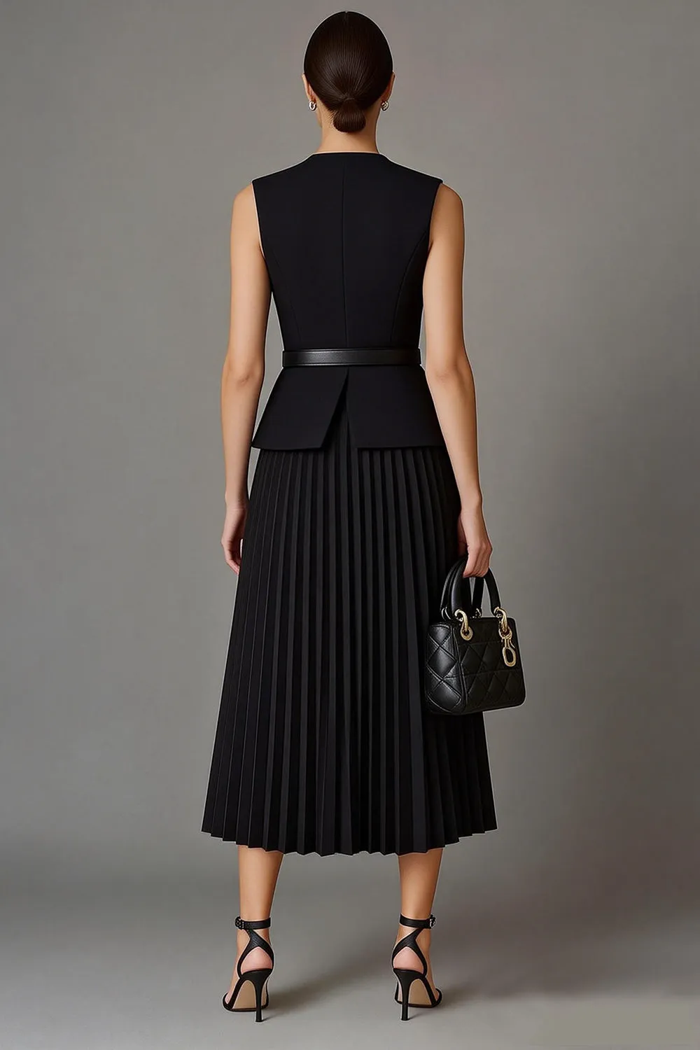Black Pleated A Line 2 Piece Round Neck Midi Work Dress sold by Zapaka product image thumbnail 2