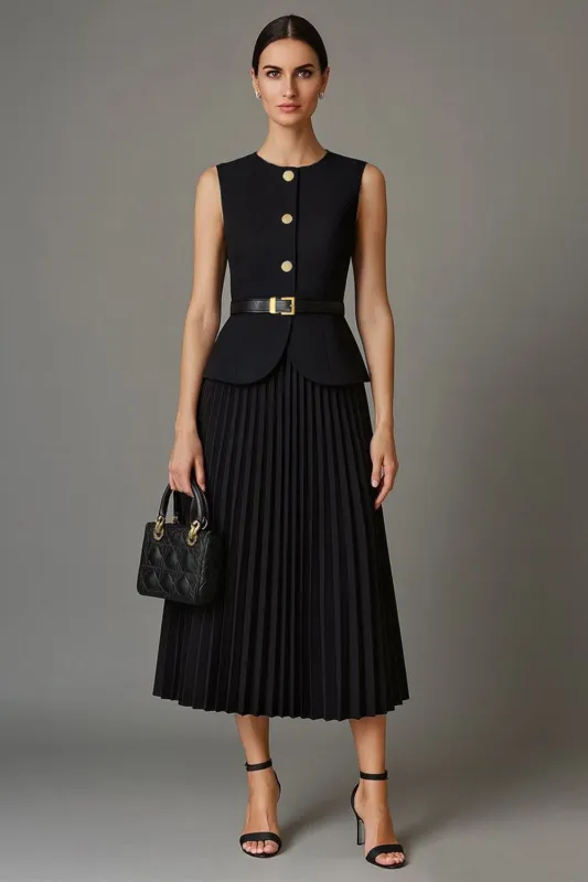 Black Pleated A Line 2 Piece Round Neck Midi Work Dress sold by Zapaka