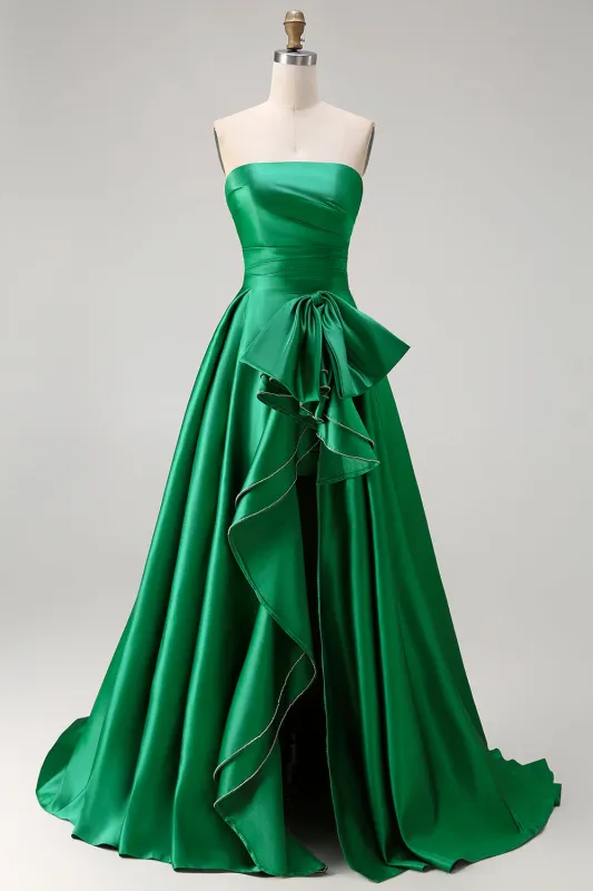 Dark Green Strapless A Line 2 Piece Bowed Long Prom Dress with Slit sold by Zapaka