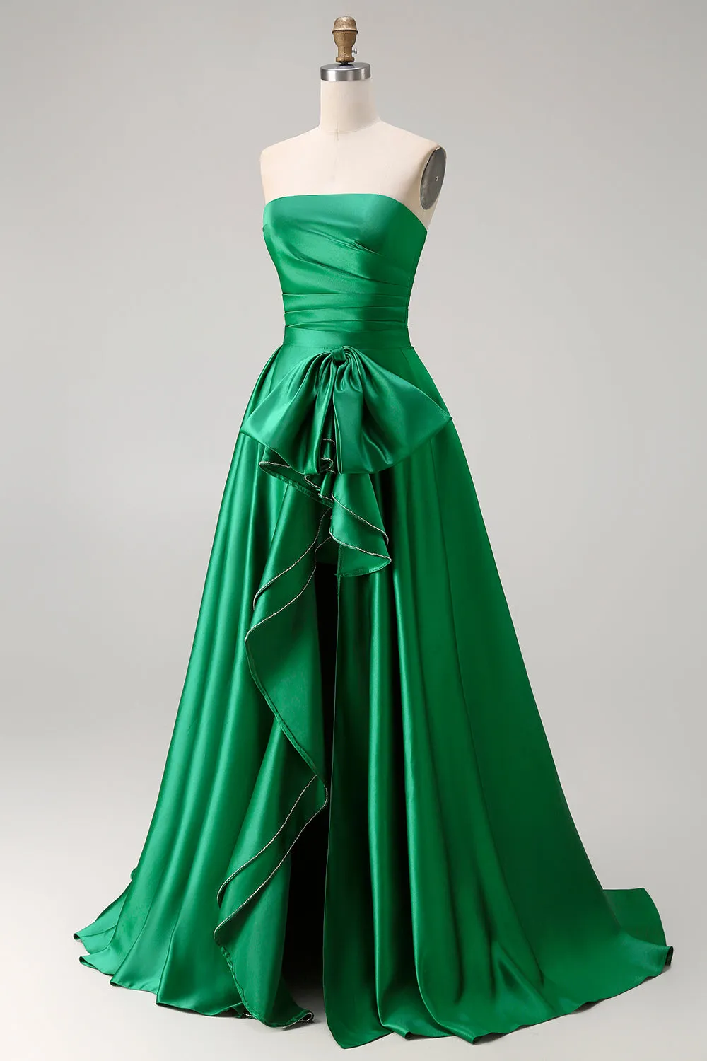 Dark Green Strapless A Line 2 Piece Bowed Long Prom Dress with Slit sold by Zapaka product image thumbnail 3
