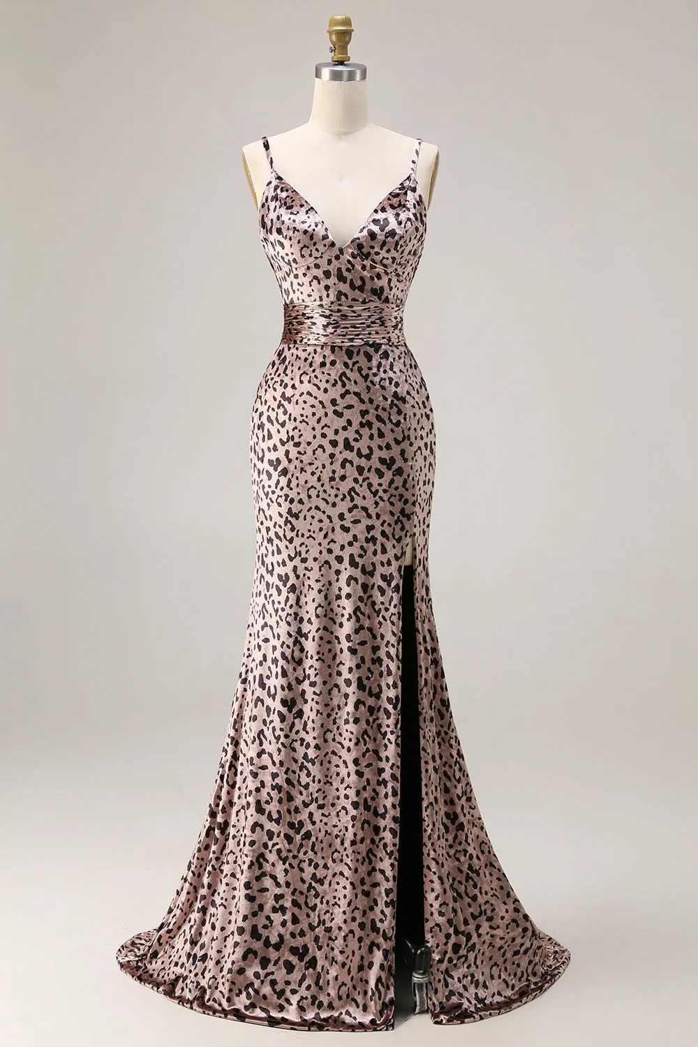Mermaid Golden Leopard Spaghetti Straps Long Prom Dress with Slit sold by Zapaka