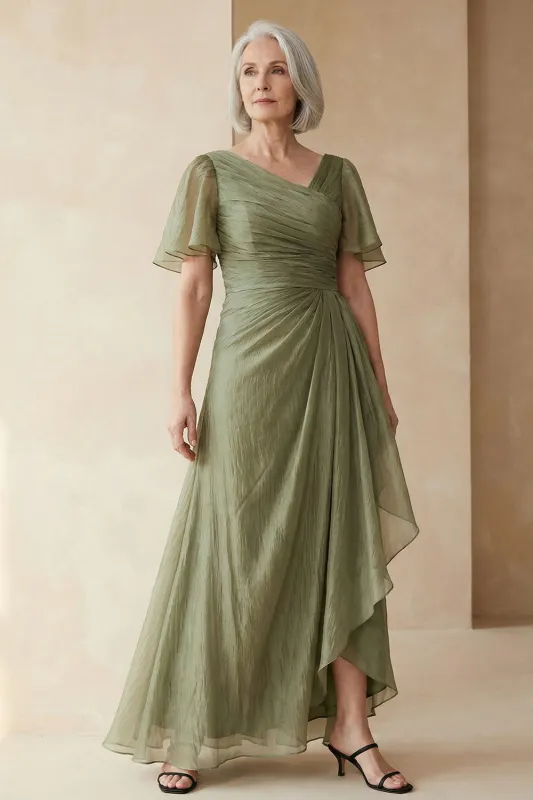Dusty Sage A Line Ruched Mother of the Bride Dress with Short Sleeves sold by Zapaka