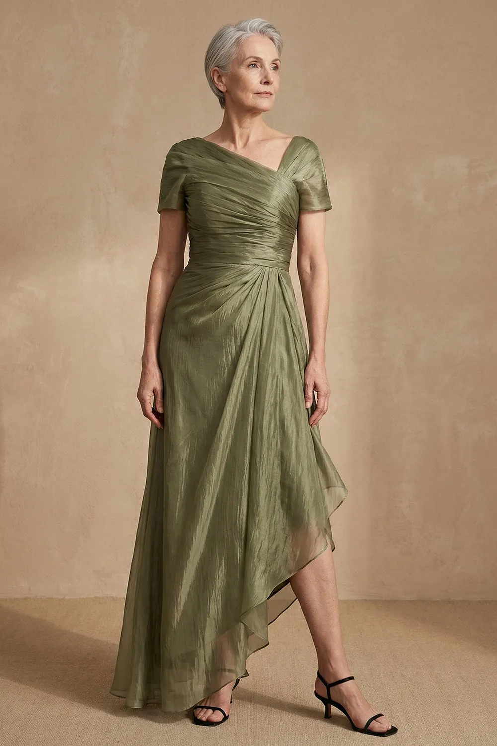 Dusty Sage Ruched A Line Short Sleeves Long Mother of the Bride Dress sold by Zapaka