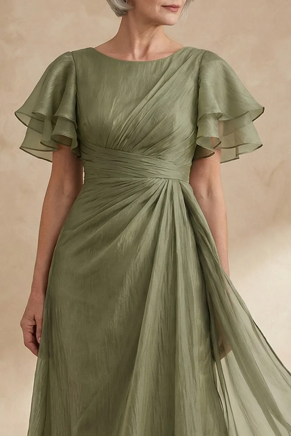 A Line Dusty Sage Boat Neck Ruched Mother of the Bride Dress with Ruffle Sleeves sold by Zapaka product image thumbnail 3