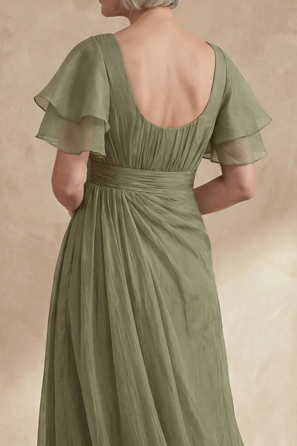 A Line Dusty Sage Boat Neck Ruched Mother of the Bride Dress with Ruffle Sleeves sold by Zapaka product image thumbnail 4