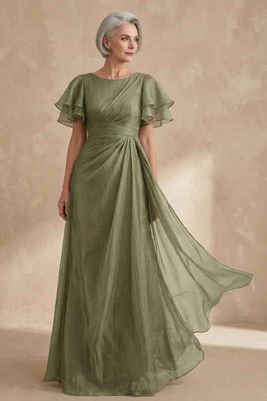 A Line Dusty Sage Boat Neck Ruched Mother of the Bride Dress with Ruffle Sleeves sold by Zapaka