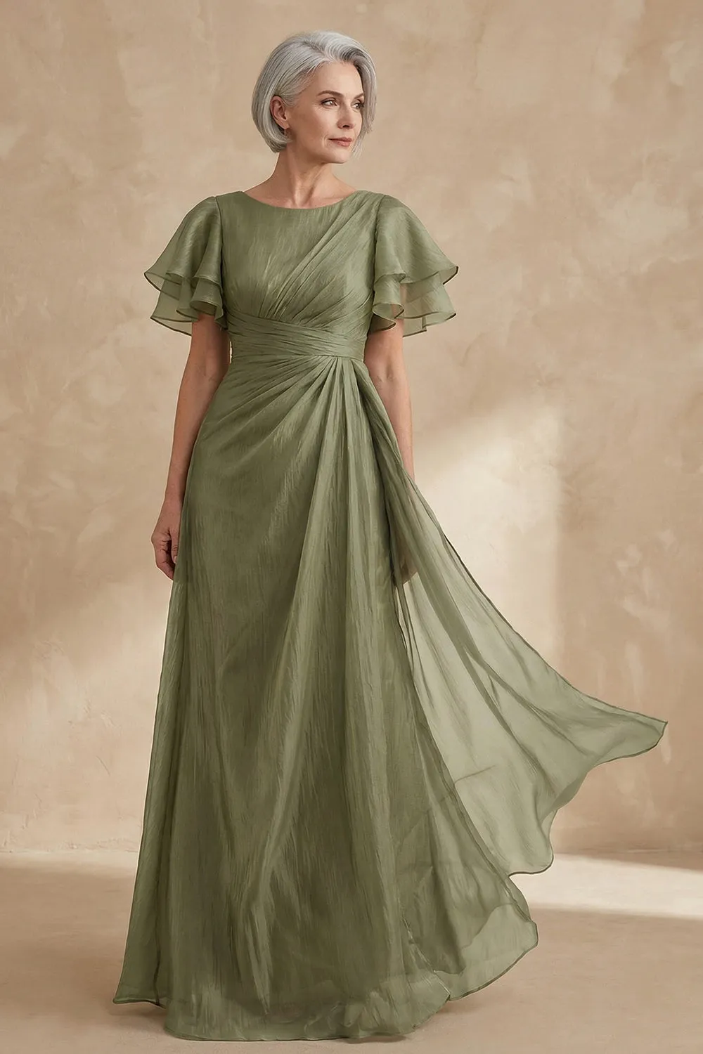 A Line Dusty Sage Boat Neck Ruched Mother of the Bride Dress with Ruffle Sleeves sold by Zapaka