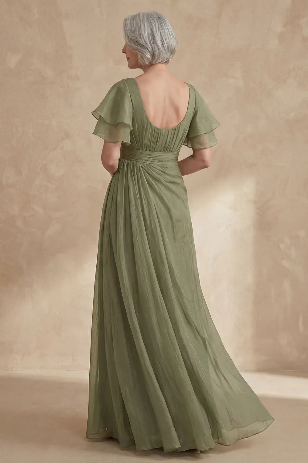 A Line Dusty Sage Boat Neck Ruched Mother of the Bride Dress with Ruffle Sleeves sold by Zapaka product image thumbnail 2