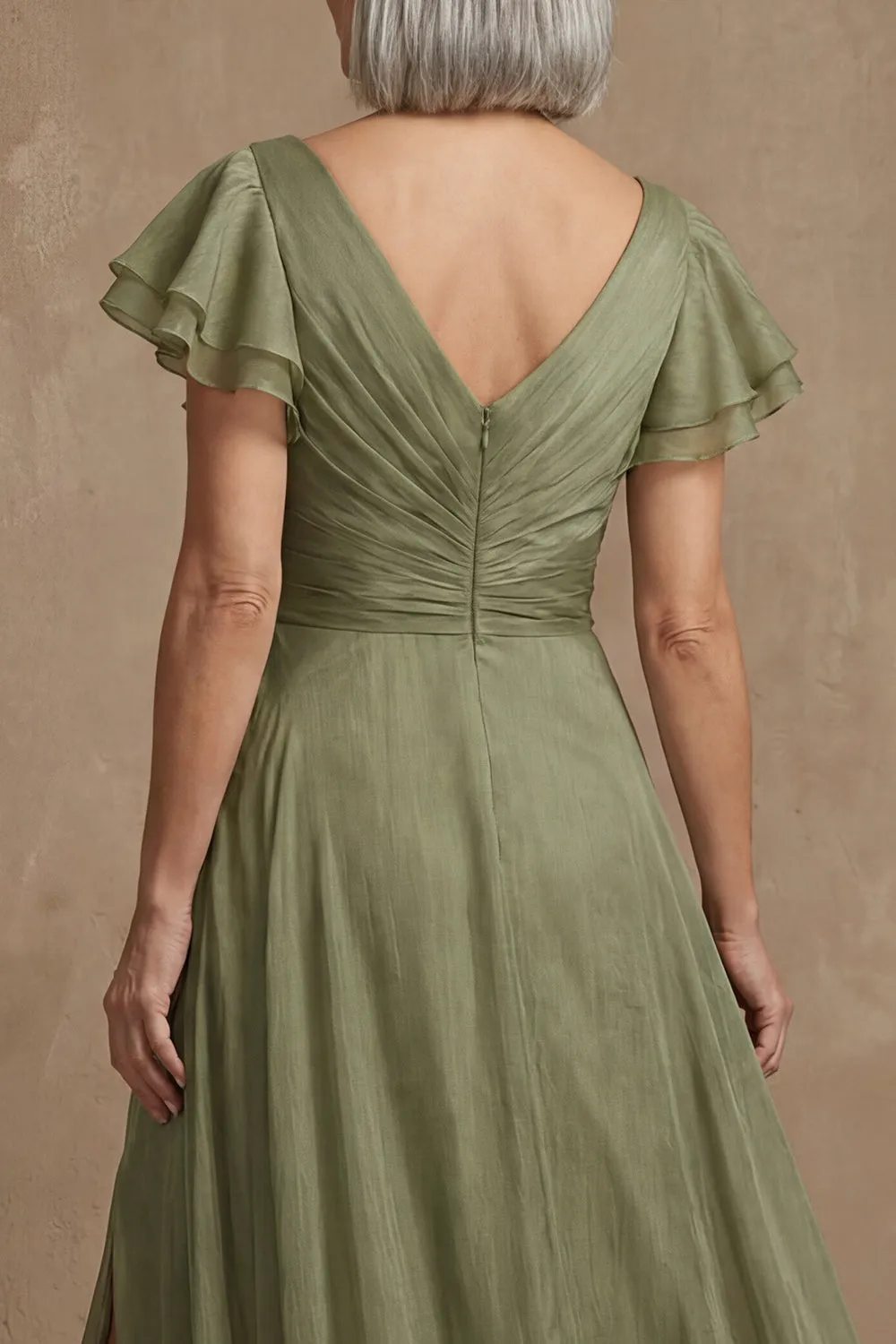 Dusty Sage A Line Flutter Sleeves Ruched Mother of the Bride Dress with Slit sold by Zapaka product image thumbnail 4