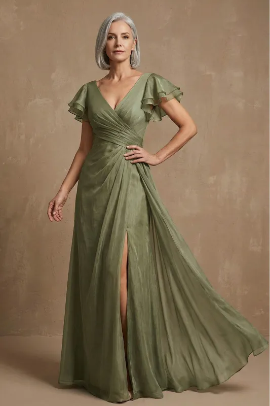 Dusty Sage A Line Flutter Sleeves Ruched Mother of the Bride Dress with Slit made by Zapaka
