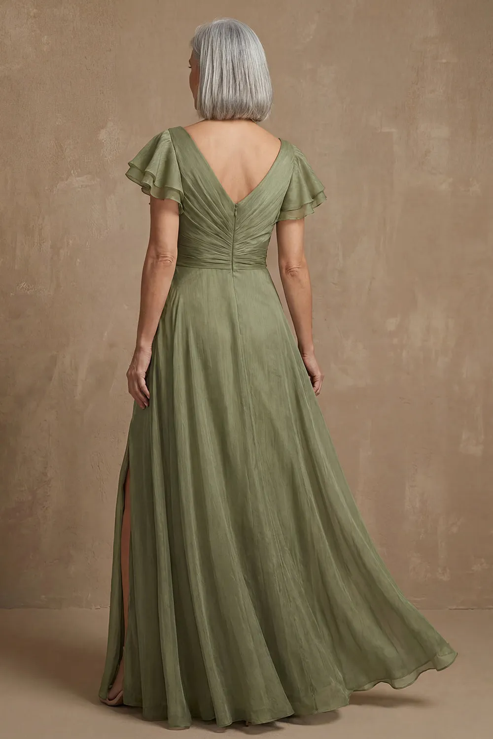 Dusty Sage A Line Flutter Sleeves Ruched Mother of the Bride Dress with Slit sold by Zapaka product image thumbnail 2