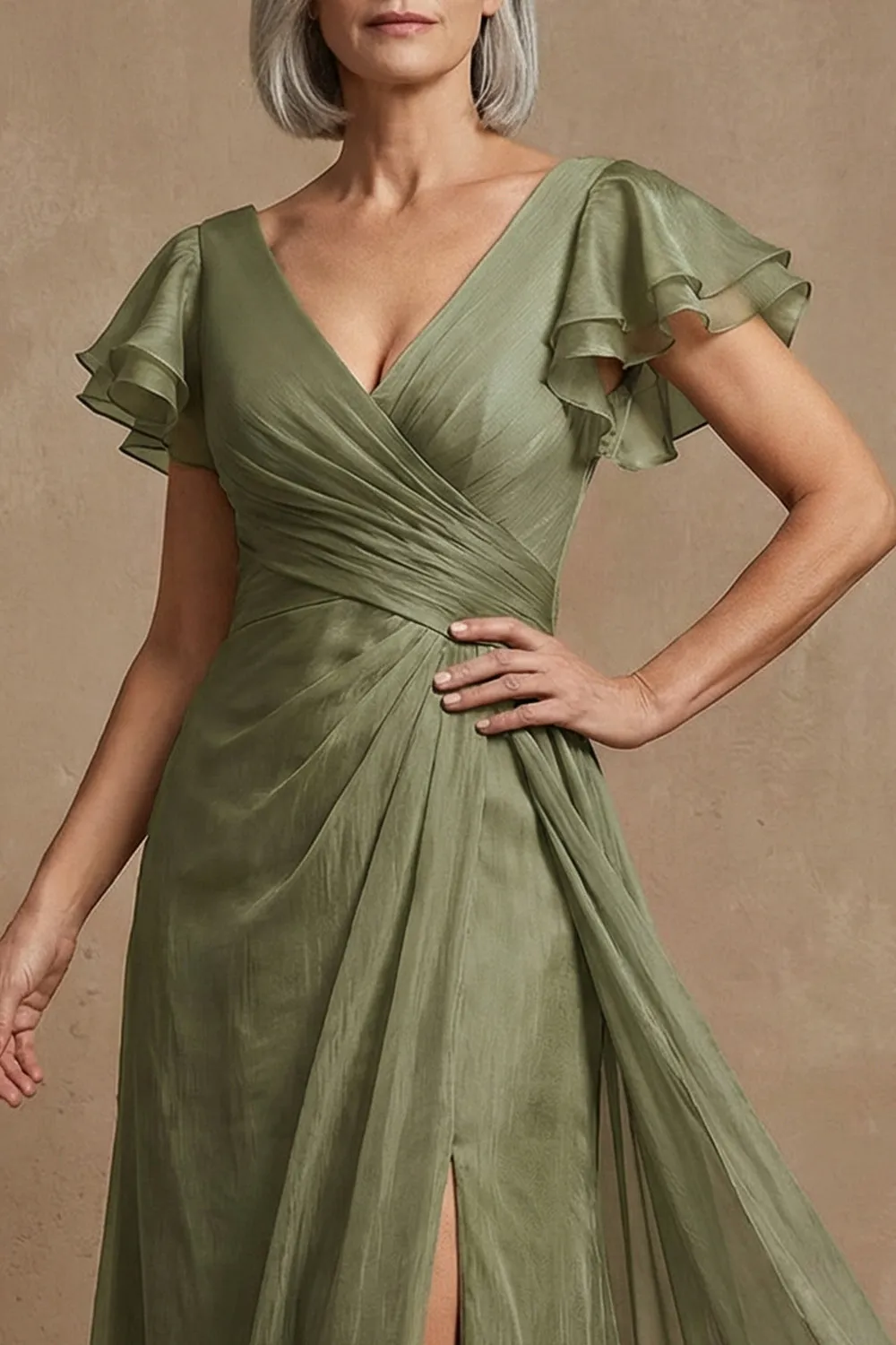 Dusty Sage A Line Flutter Sleeves Ruched Mother of the Bride Dress with Slit sold by Zapaka product image thumbnail 3