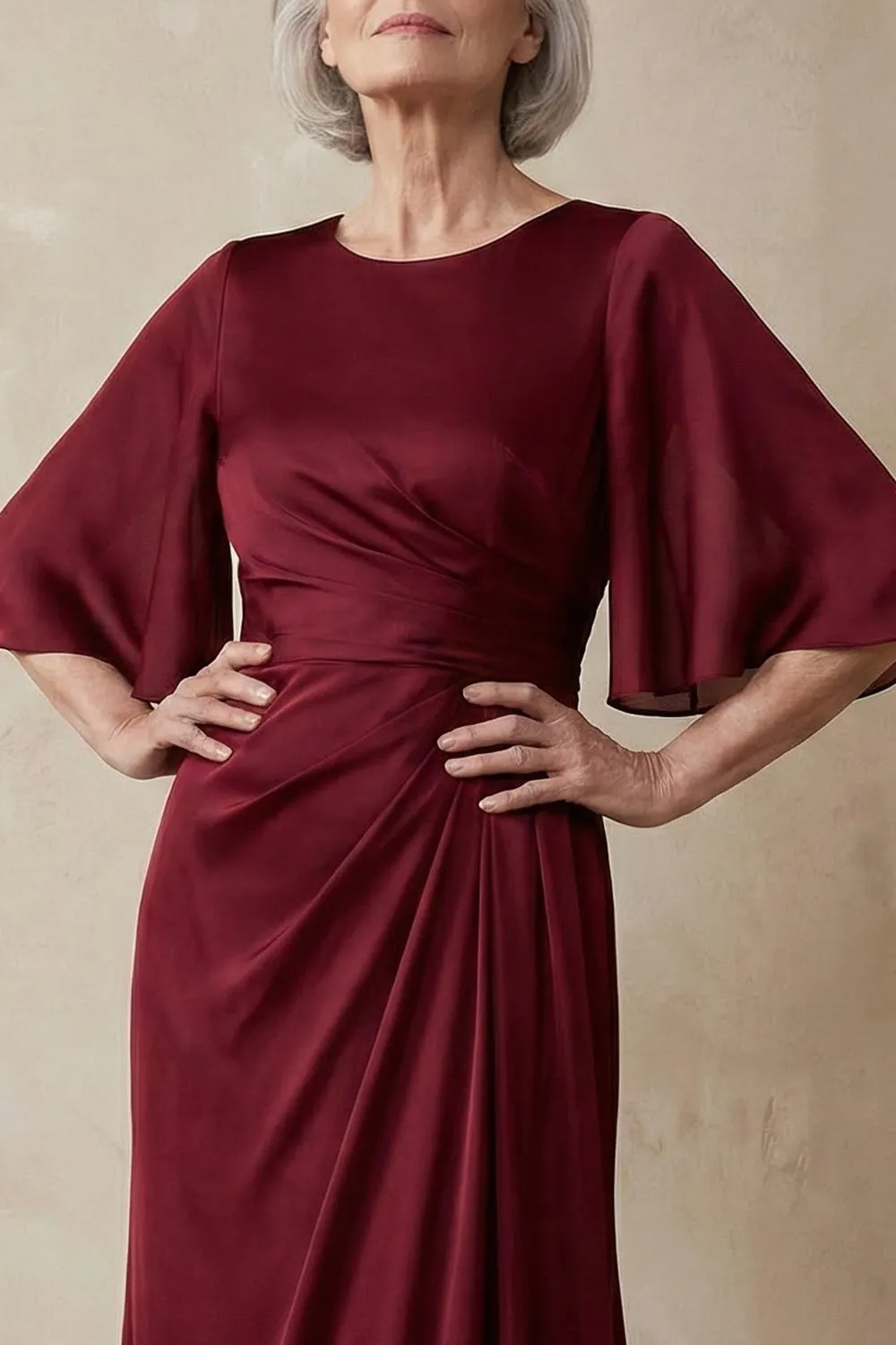 Red Satin Sheath Round Neck Mother of the Bride Dress with Half Sleeves sold by Zapaka product image thumbnail 3