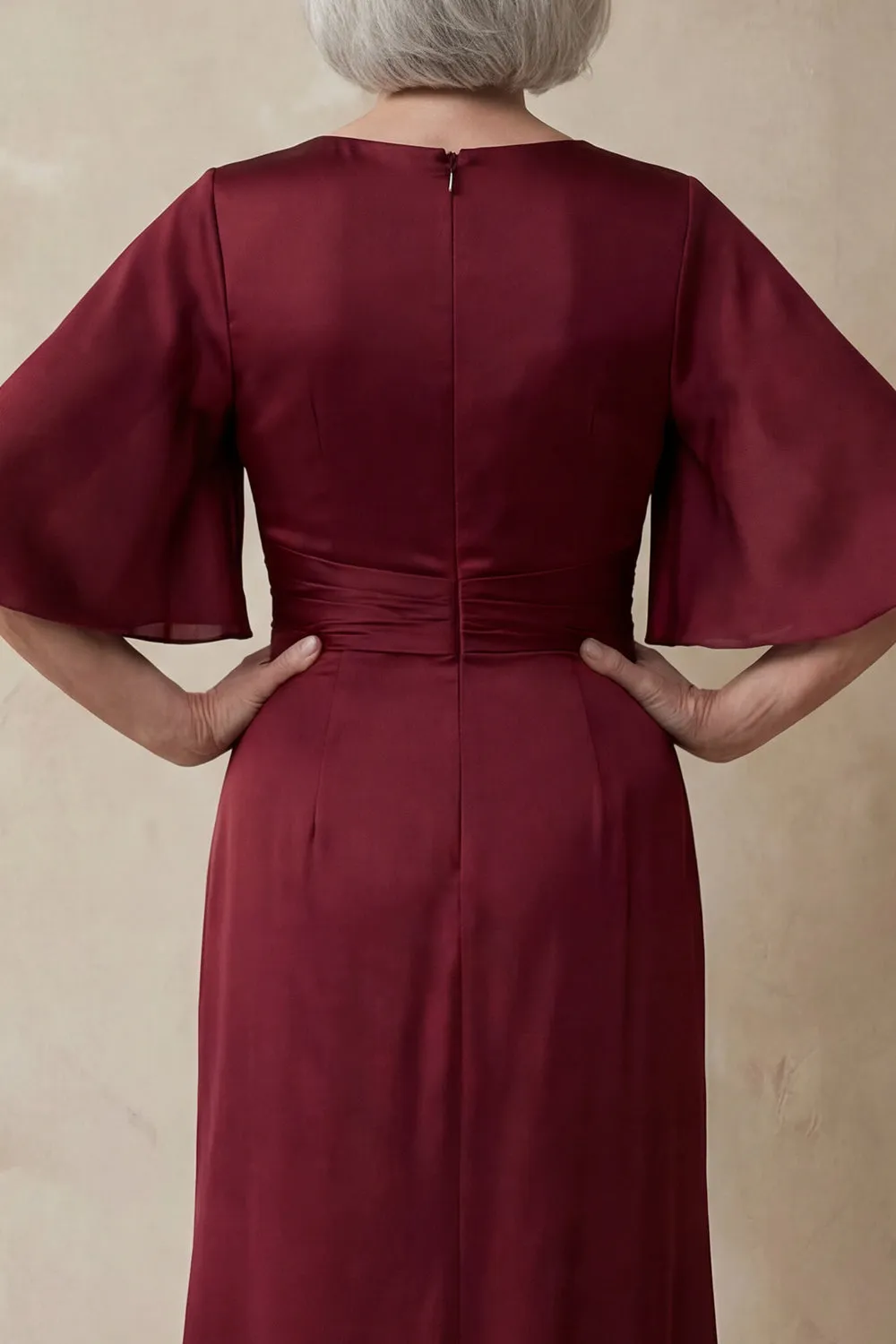 Red Satin Sheath Round Neck Mother of the Bride Dress with Half Sleeves sold by Zapaka product image thumbnail 4