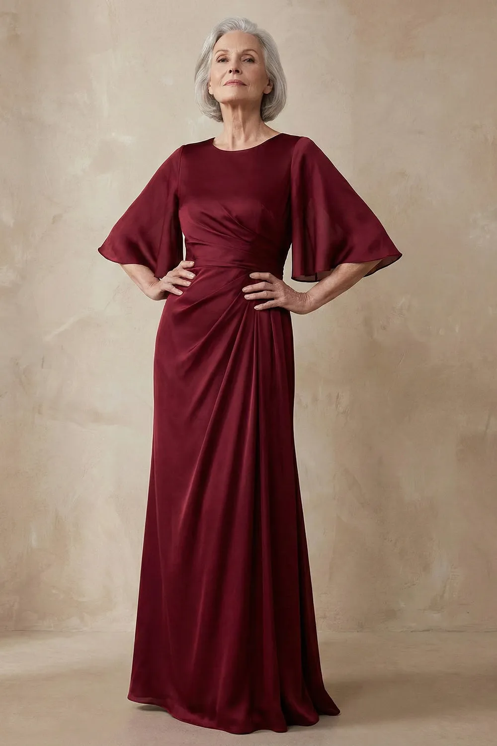 Red Satin Sheath Round Neck Mother of the Bride Dress with Half Sleeves sold by Zapaka