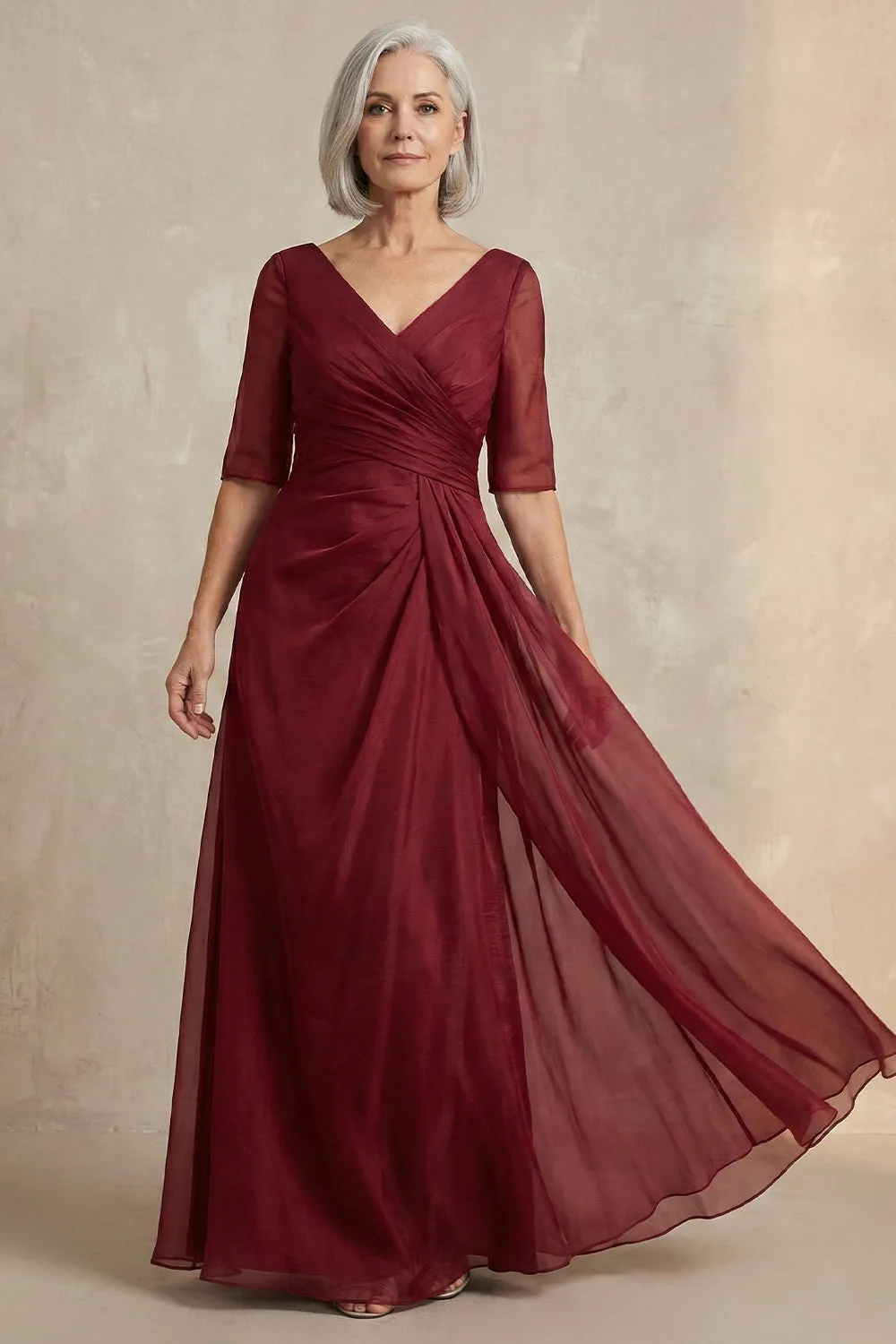 Red V-Neck A Line Half Sleeves Mother of the Bride Dress sold by Zapaka