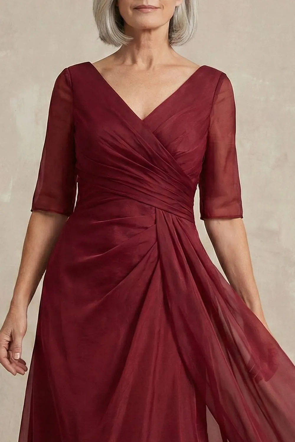 Red V-Neck A Line Half Sleeves Mother of the Bride Dress sold by Zapaka product image thumbnail 3