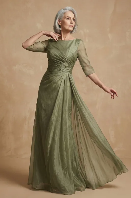 Dusty Sage Ruched A Line Boat Neck Long Mother of the Bride Dress made by Zapaka