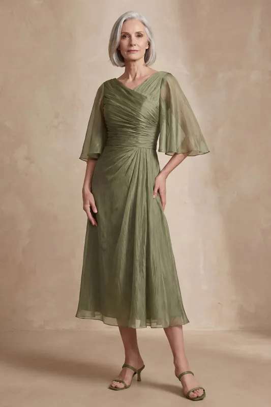 Dusty Sage A Line Pleated Half Sleeves Midi Mother of the Bride Dress made by Zapaka